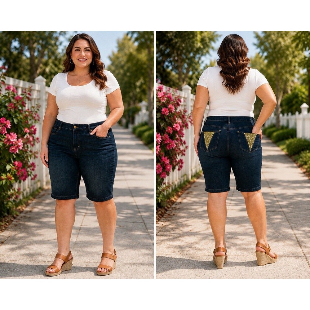 Wah Jeans Women’s 20W Dark Wash Denim Bermuda Shorts Gold Rhinestone Pockets XL